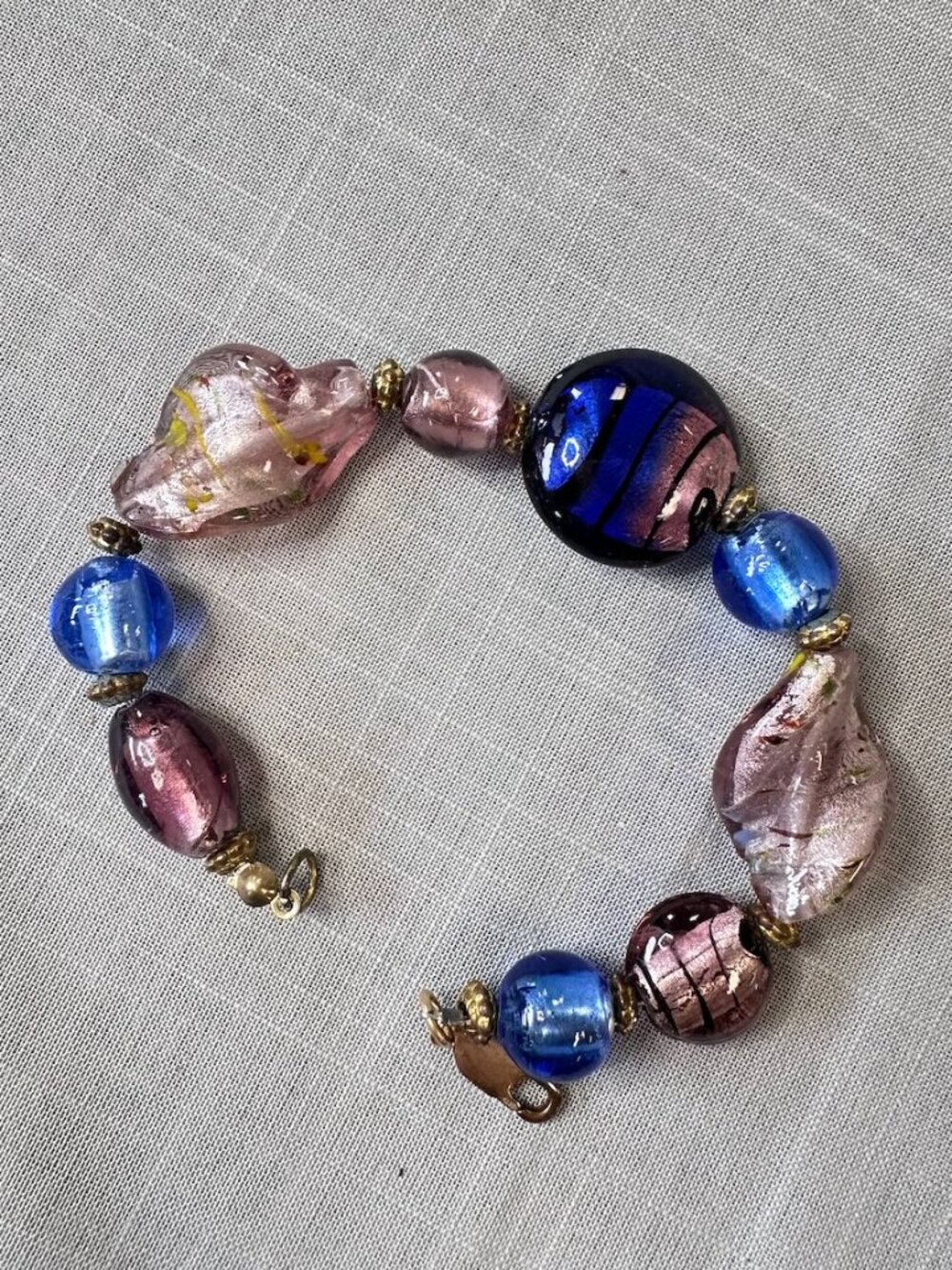 Vintage Dichroic Glass Blue, Purple, and Pink Beaded Bracelet